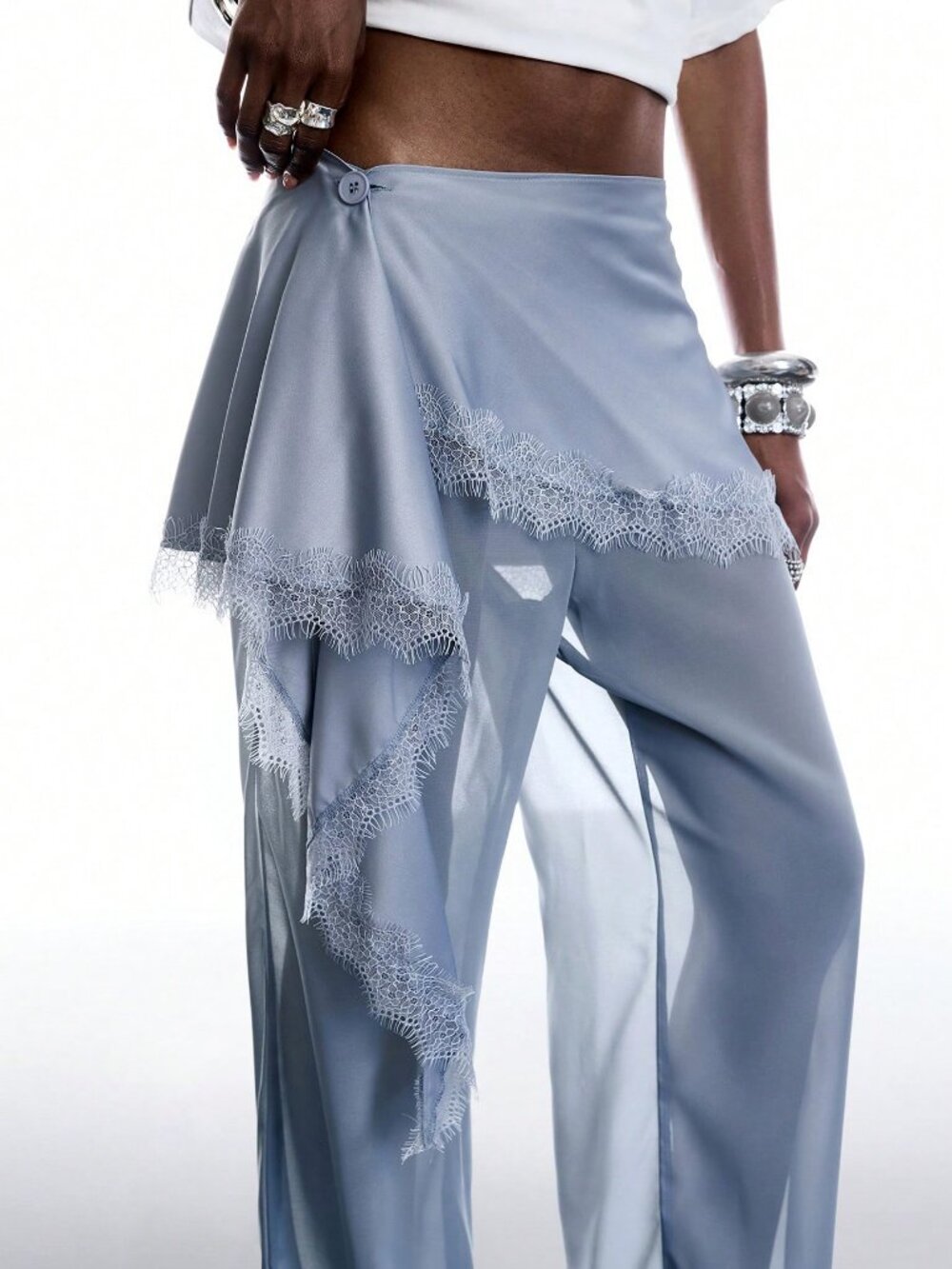Light Grey Women's Lace Patchwork Sheer Pants - Picture 5 of 8